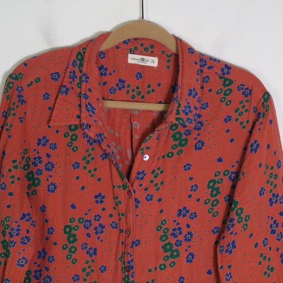 Natural Life Georgia Cotton Gauze Shirt Dress XL Floral Coral Long Sleeve Boho - Picture 3 of 8